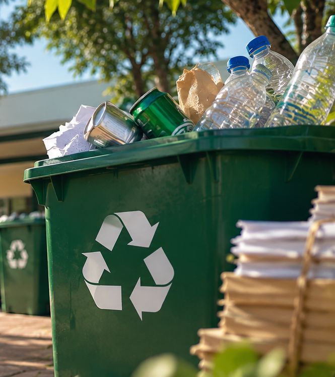 Green recycling bin full of bottles, cans and paper